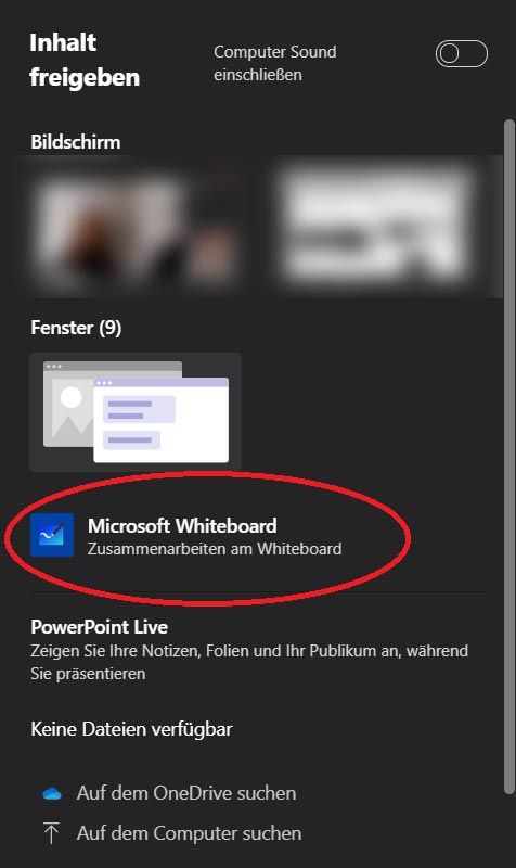Screenshot zur Nutzung des Whiteboard während eines Meetings in Teams