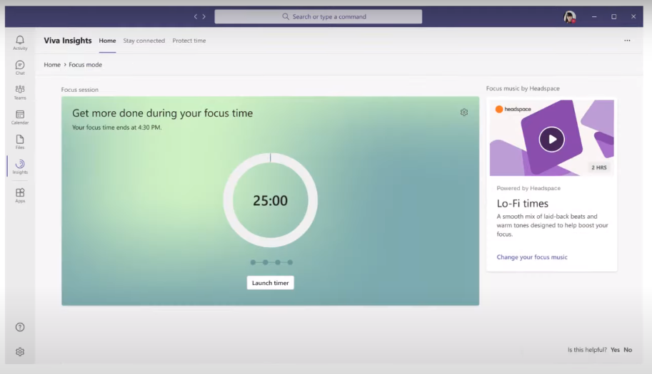 Microsoft Viva Insights Focus Mode Timer