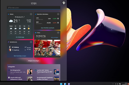 Microsoft Startseite mit Fluent Design im dark mode und mit Widgets.