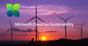 Windräder und Microsoft Cloud for Sustainability als Überschrift in der Mitte