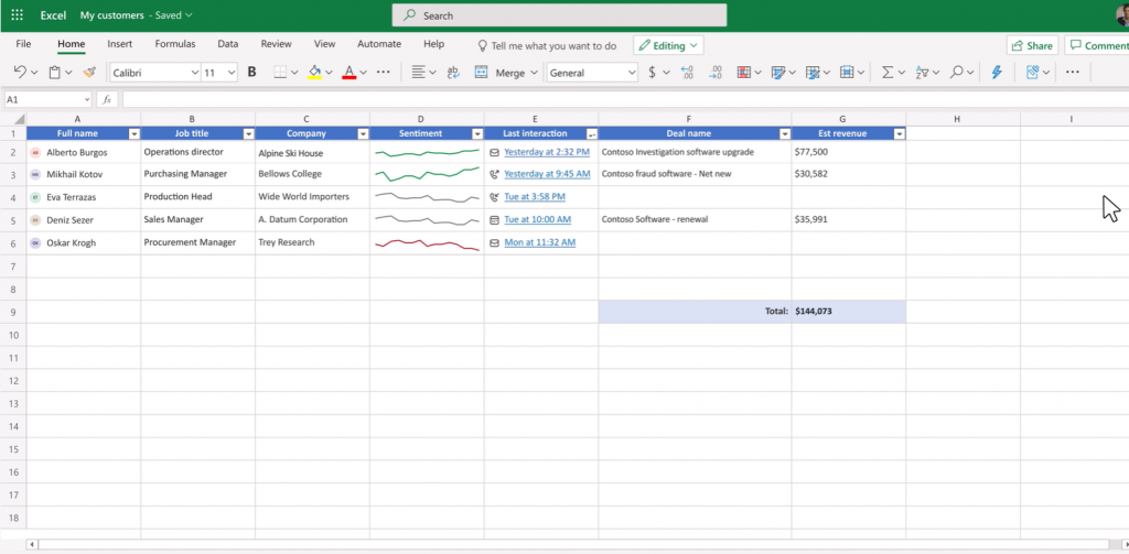 Bildschirmaufnahme von einer Excel Tabelle, die das Verwalten von Kundeninformationen durch Viva Sales anzeigt 