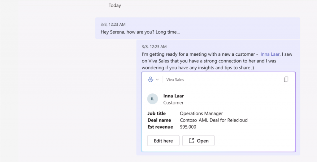 Bildschirmaufnahme von Microsoft Teams, dass das Taggen und die Integration mit Viva Sales anzeigt 