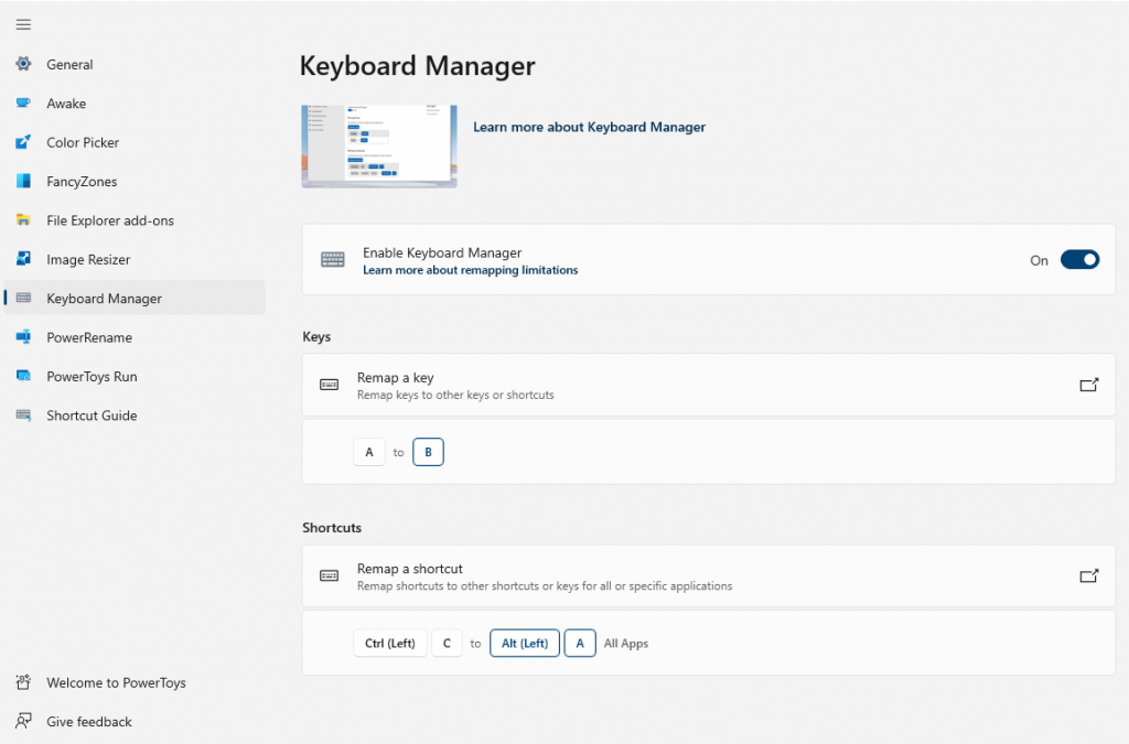 Ansicht der Einstellungsmöglichkeiten im Tool Keyboard Manager.