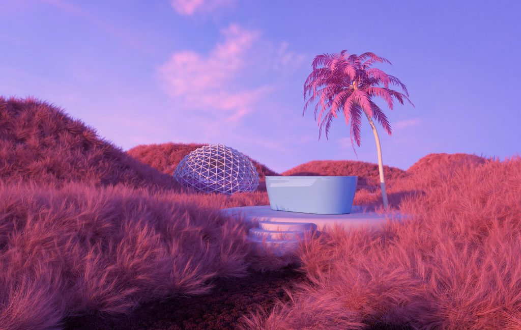 3D Landschaft in Lila und Pink mit Palme und Gräsern