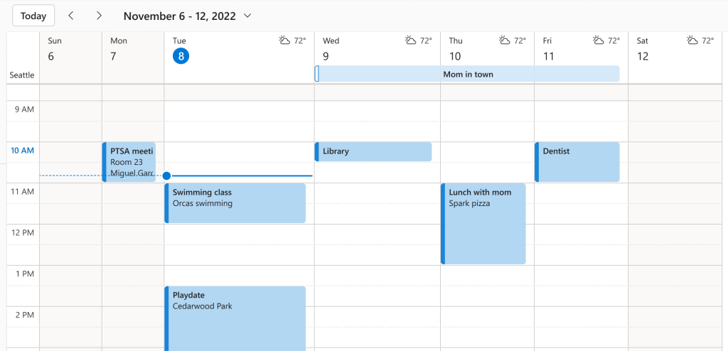 Ansicht der individuellen Spaltenbreiten im Kalender im neuen Outlook auf dem Desktop