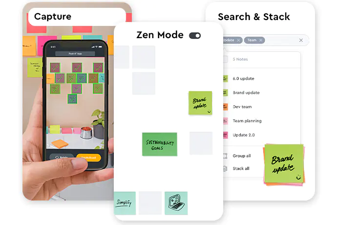 Ansichten auf Smartphine-Bildschirm der Funktionen Capture, Zen-Modus und Search & Stack