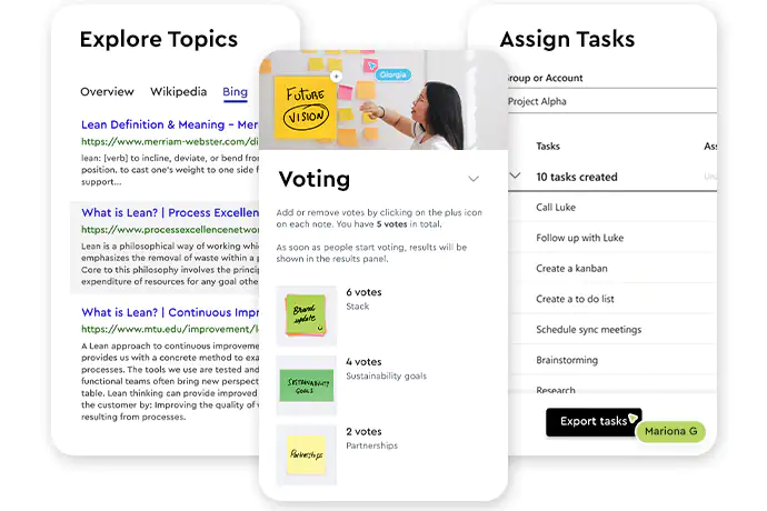 Ansichten auf Smartphine-Bildschirm der Funktionen Explore Topics, Voting und Assign Tasks