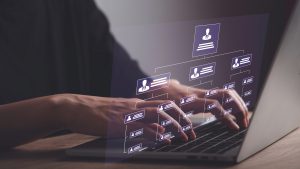 Business hierarchy company structure concept. Business process plan and workflow automation flowchart. Virtual screen Mindmap or Organigram. Relations of order or subordination between member.