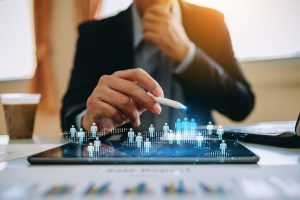 CRM Customer Relationship Management, Community Marketing, Business development concept, Businessman touching on virtual screen with customer service and support team for quality business