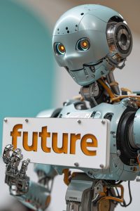 Robot holding "future" sign, digital transformation in business concept