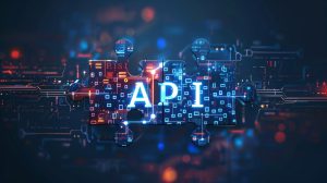 Digital representation of API integration concept with two interlocking puzzle pieces against a futuristic tech-inspired abstract background, symbolizing connectivity and interoperability.