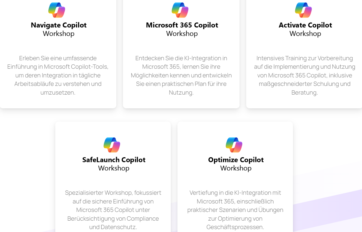 Verschiedene Angebote für Microsoft Copilot Workshops 