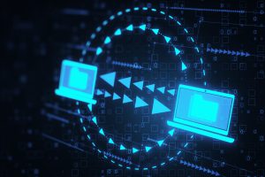 cloud: Creative digital data transfer and exchange folders on dark wallpaper. Backup data, virtual document storage or loading on cloud service. 3D Rendering